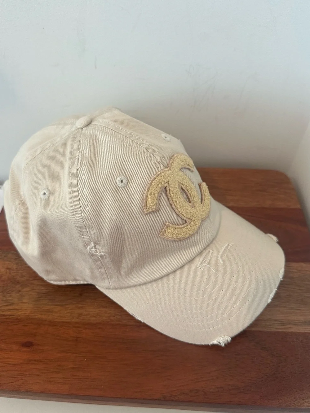 Designer Inspired Distressed Cream Baseball Cap with Textured Patch